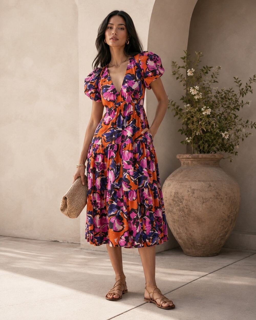 Anthropologie Orange Pink Floral Puff Sleeve Midi Dress Size XS